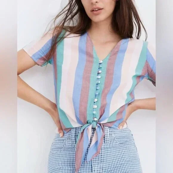 Madewell Novel Tie-Front Button Top in Flagstaff Stripe size Small - Picture 1 of 5
